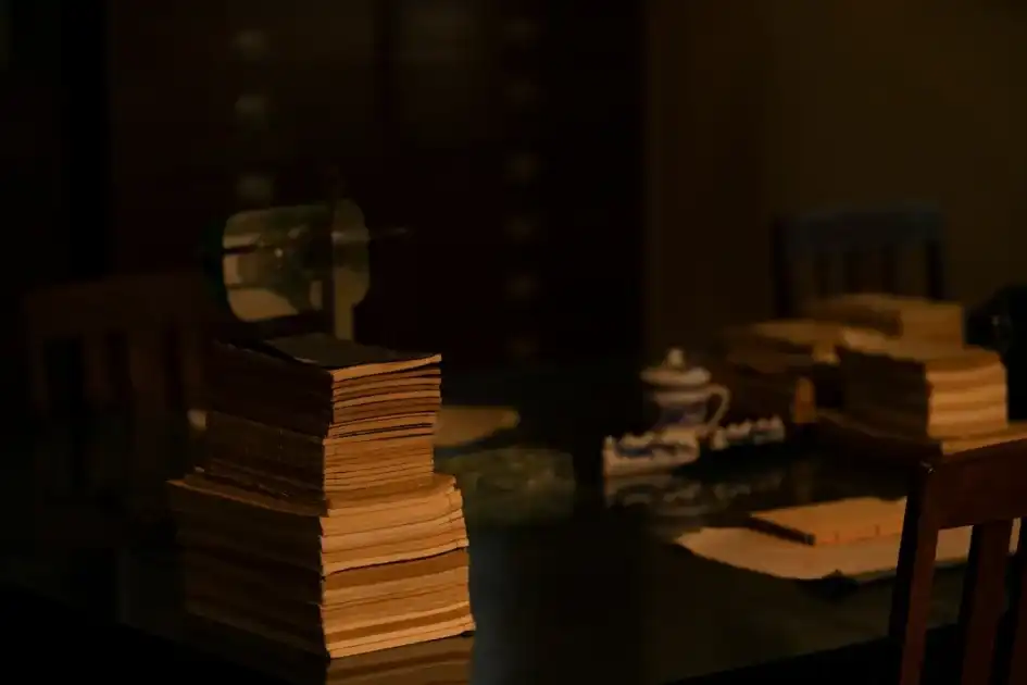brown and black books on black table